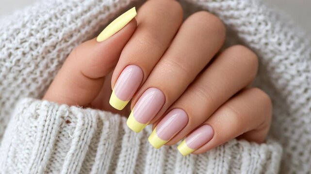 Close-up of a woman's hand in a warm knitted sweater, with a neat autumn manicure in yellow and pink tones. Warm, cozy atmosphere, perfectly conveying the mood of autumn.