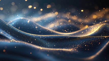 Golden Particle Fluidity: An abstract design of fluid golden particles gracefully flowing across a backdrop of deep blue, creating a captivating visual representation of elegance and innovation. 