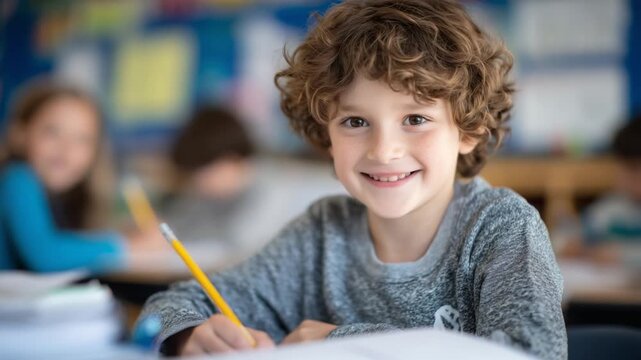 A dedicated student tackles math problems amidst a lively classroom adorned with educational posters.