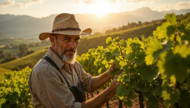 A farmer in a straw hat inspecting pesticide-free grapevines - Powered by Adobe