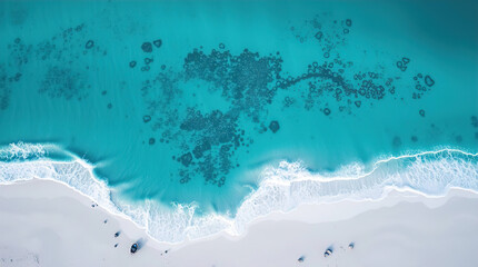 Bird's eye view of a tropical beach with turquoise water and white sand.