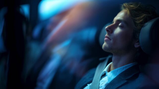 Medium shot highlighting a relaxed commuter resting in a microbus nap pod biometric seatbelt securely fastened in sharp focus while surrounding cabin seats and scenery fade out.