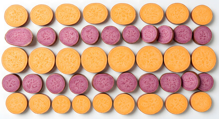 Top down view of colorful raw orange and purple sweet potato slices arranged in alternating rows on a white background.