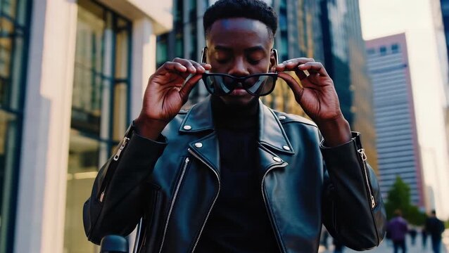 Confident African Male in Leather Jacket Holding Sunglasses in Urban Cityscape