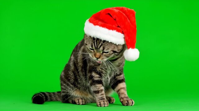 Cat Grooming Paw While Wearing Santa Hat - A cute tabby cat, wearing a festive Santa hat, sits on a green screen and meticulously grooms its paw. The cat seems completely unbothered by the hat.