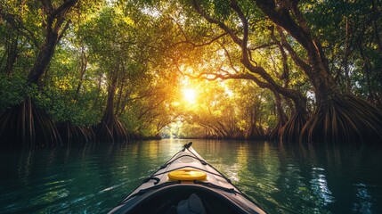 Fototapeta premium Kayaking in the Lush: A serene journey down a tranquil river, framed by majestic trees and illuminated by the radiant sun. A kayaker immersed in the splendor of nature's embrace. 