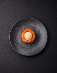 Pie, sweet round tart with apricot pieces, cream and nuts. Sweet tart with peach