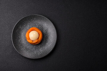 Pie, sweet round tart with apricot pieces, cream and nuts. Sweet tart with peach