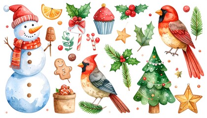 Watercolor Christmas collection with snowman, birds, and festive treats