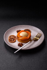 Pie, sweet round tart with apricot pieces, cream and nuts. Sweet tart with peach