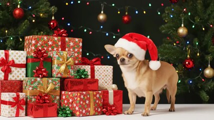 Tiny Chihuahua and Christmas Presents - A small chihuahua wearing a Santa hat stands next to a large pile of festively wrapped Christmas gifts.