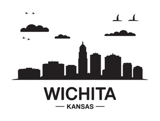 Fototapeta premium Wichita skyline silhouette. Landscape Wichita, Kansas. Vector illustration. Vector black silhouette. with white background.