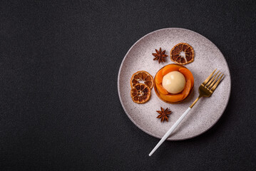 Pie, sweet round tart with apricot pieces, cream and nuts. Sweet tart with peach