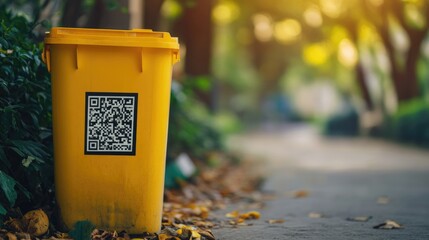 QR code on trash bin: a yellow trash bin with a prominent QR code label stands on a pathway bordered by lush greenery.