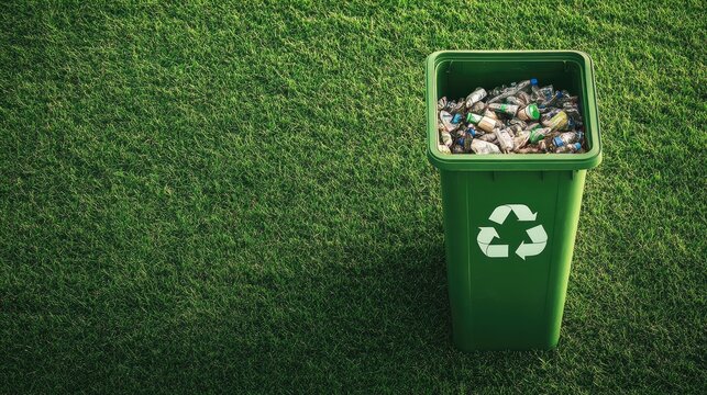 Recycling bin on the green: A symbolic image showcasing a green recycling bin filled with recyclable items, strategically placed on a vibrant green lawn.
