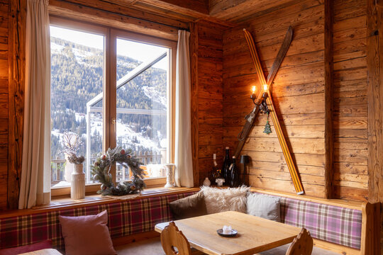 Cozy alpine restaurant interior in Austrian winter