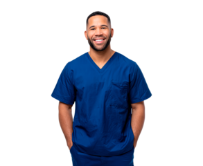 Man healthcare professional in blue scrubs smiling with hands in pockets on transparent background, PNG	