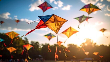 Colorful kites soar in a vibrant sunset sky