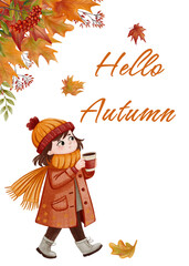 Cute girl in autumn coat, hat, and scarf holding coffee, surrounded by colorful fall leaves. Warm watercolor style. Perfect for seasonal cards, posters, and cozy fall decor.