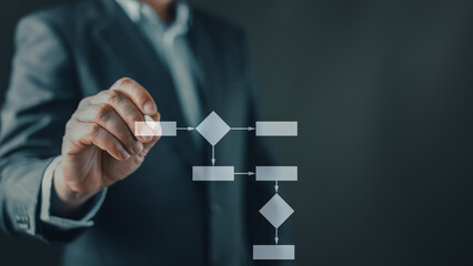 businessman interacts with a transparent digital flow chart using a stylus, representing process mapping,decision making,workflow optimization,and strategic business planning for efficient operations.