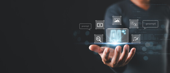 person hold a glowing AI interface in their palm surrounded by icons for video,image,translation,music,and prompts,representing artificial intelligence capabilities in multimedia and content creation.