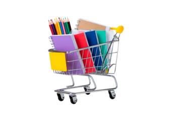 Mini shopping cart with school supplies: pencils and notebooks display on transparent background, PNG	