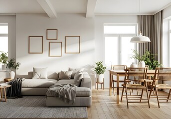 Cozy living room with sectional sofa and dining area