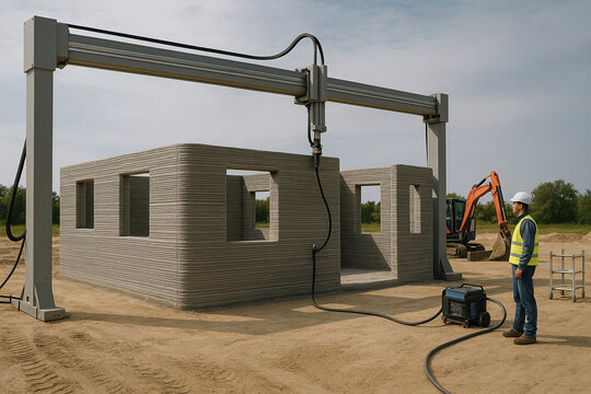 3D Printing a Concrete House at Construction Site - Powered by Adobe