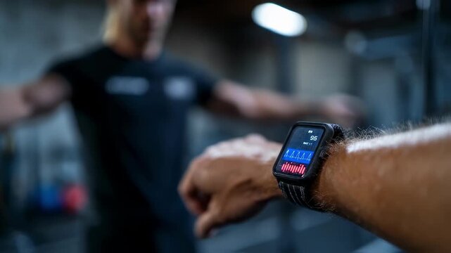 Close medium shot of a digital wrist alert flashing a hamstring strain prediction while the coachs hand gestures remain out of focus in an athletic training setting.