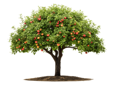 A mature apple tree laden with ripe red apples against a black background in a full shot view