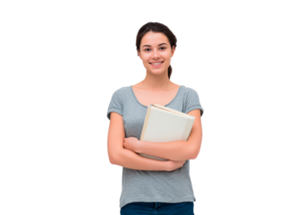Woman with books smiling on transparent background, PNG