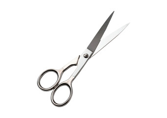 Stainless steel scissors on black background reflecting light on transparent background, PNG	