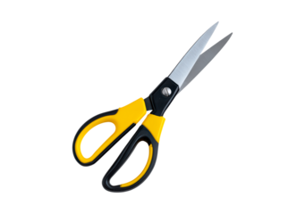 Yellow and black handled scissors for crafting or office use on transparent background, PNG	