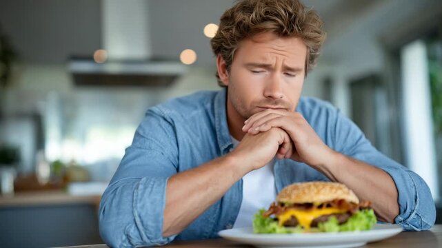 A man exercises self-control while resisting a tempting cheeseburger in a modern kitchen setting.