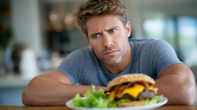 A man exercises self-control while resisting a tempting bacon cheeseburger in a modern kitchen setting.