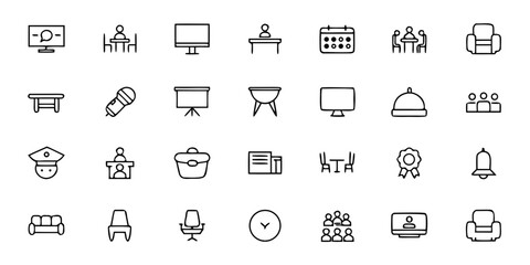 Fototapeta premium Business & Event Hotel Facilities Icon Pack – Minimalist Line Art Conference Room, Banquet Hall, Projector, Buffet, Wi-Fi, Stage, and VIP Lounge – Corporate Hospitality Vector Bundle