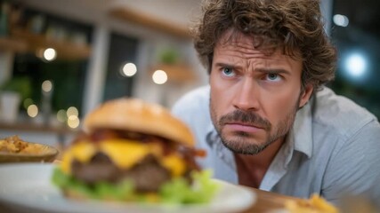 A focused man resists a tempting cheeseburger with bacon and lettuce in a softly lit modern kitchen setting.