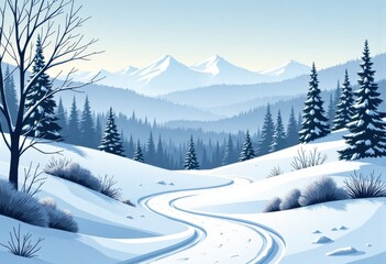 Obraz premium Scenic winter landscape with a winding path through snow-covered mountains