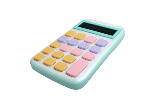 Colorful pastel calculator with large buttons on transparent background, PNG	