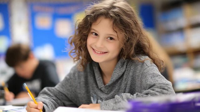 A dedicated 12A student tackles math problems amidst a lively classroom adorned with educational posters.