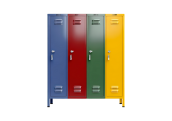 Colorful metal lockers: blue, red, green, yellow - organized storage solution on transparent background, PNG	