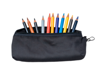 Black zippered pencil case with assorted colored pencils on transparent background, PNG	