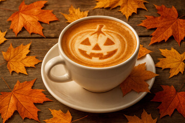 AI-generated pumpkin latte art with autumn leaves and cozy seasonal vibes