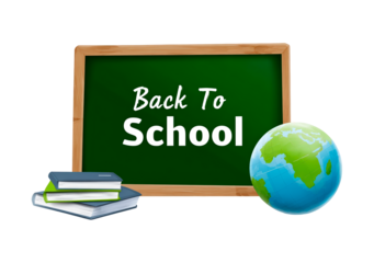 Back to school chalkboard with books and globe illustration on transparent background, PNG	