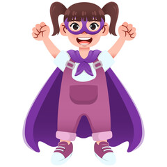 Cute little girl in pink dress with purple cape and mask being superhero. Vector illustration. Isolated clipart on white background.