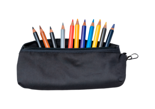 Black zippered pencil case with assorted colored pencils on transparent background, PNG	 - Powered by Adobe