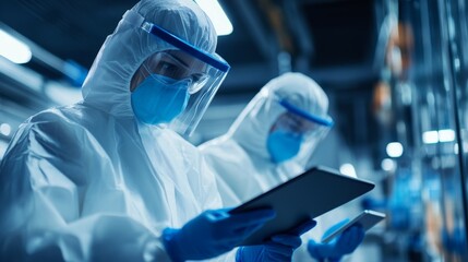 Industrial scientists in protective gear analyzing hazards at a production facility