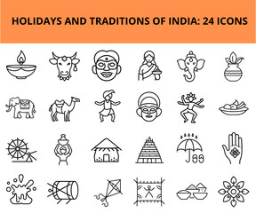 Obraz premium Illustrative icon set representing holidays and traditions of India 
