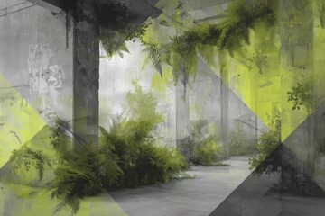 Naklejka premium Contemporary urban jungle with lush ferns overtaking concrete architecture, featuring bold yellow overlays for striking, on-trend environmental and conceptual design projects.
