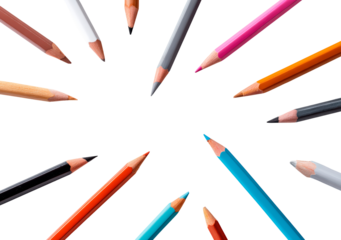 Colorful array of colored pencils forming a circle on transparent background, PNG	